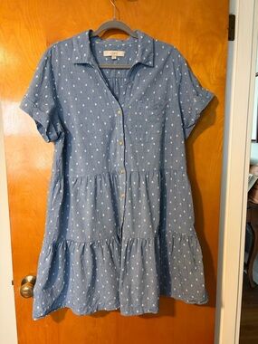 LOFT Light Blue Polka Dot Tiered Button-Front Dress